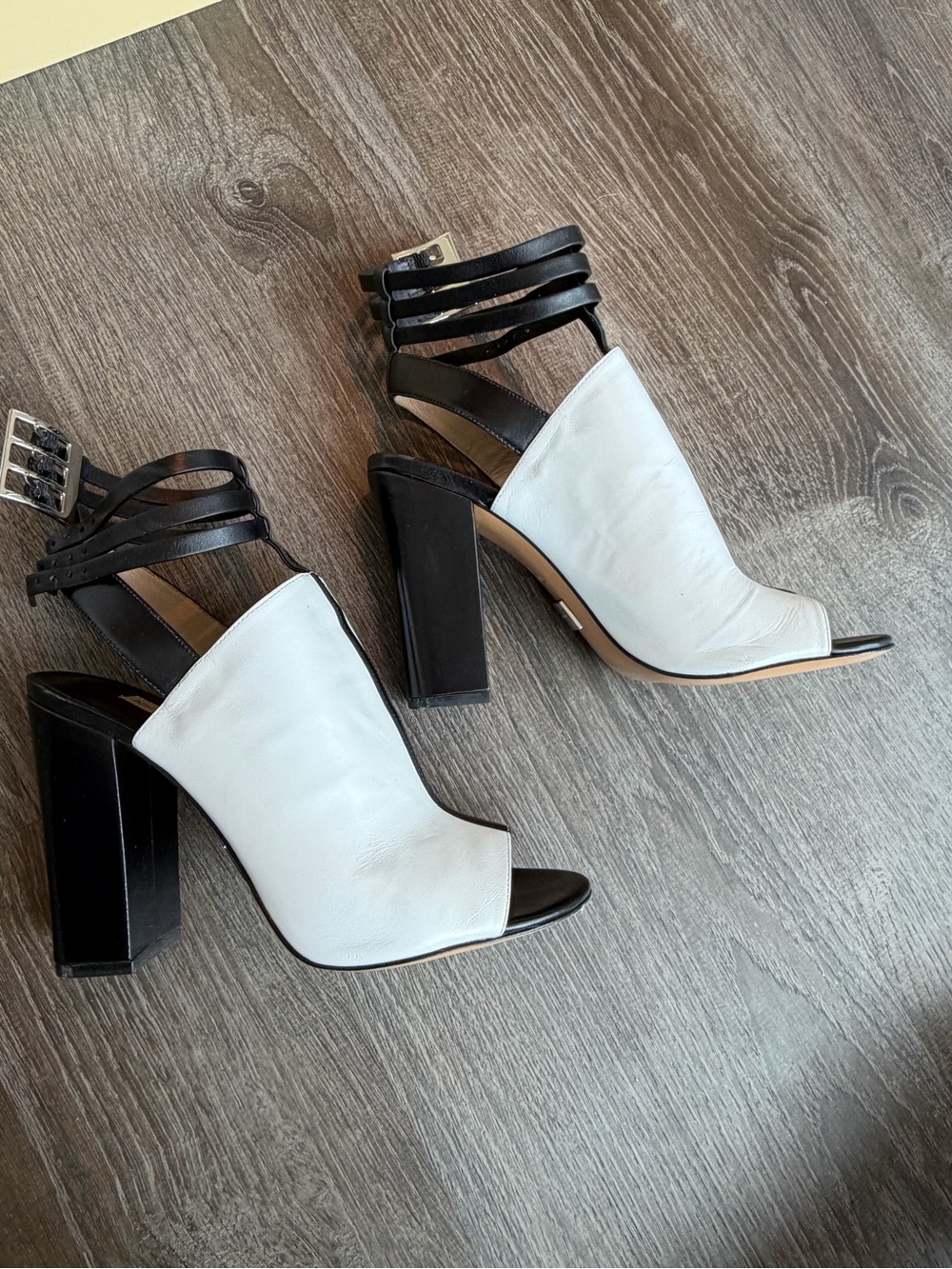 Michael Kors White and Black Strappy Peep-Toe Heel Booties